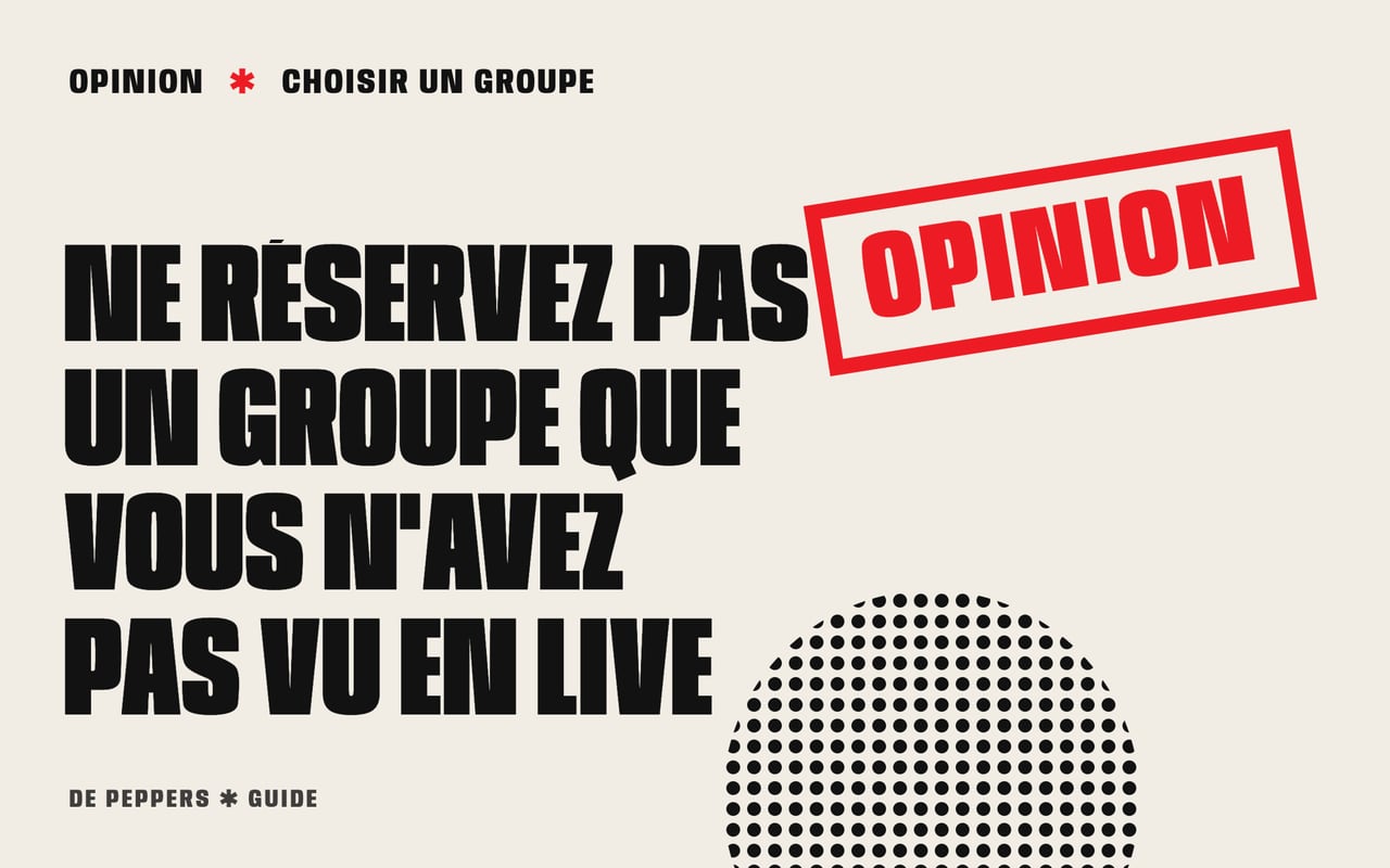 En-tête façon affiche avec un tampon opinion et le texte Ne réservez pas un groupe que vous n'avez pas vu en live