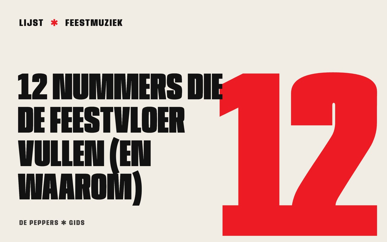 Affiche-kop met een groot cijfer 12 en de tekst nummers die de feestvloer vullen