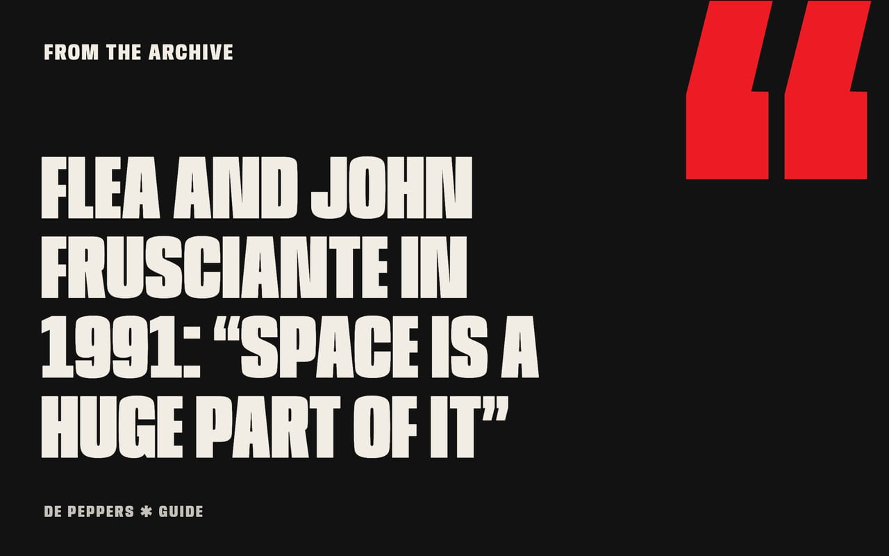 Typographic header with quotation marks: Flea and Frusciante in Guitar World, 1991