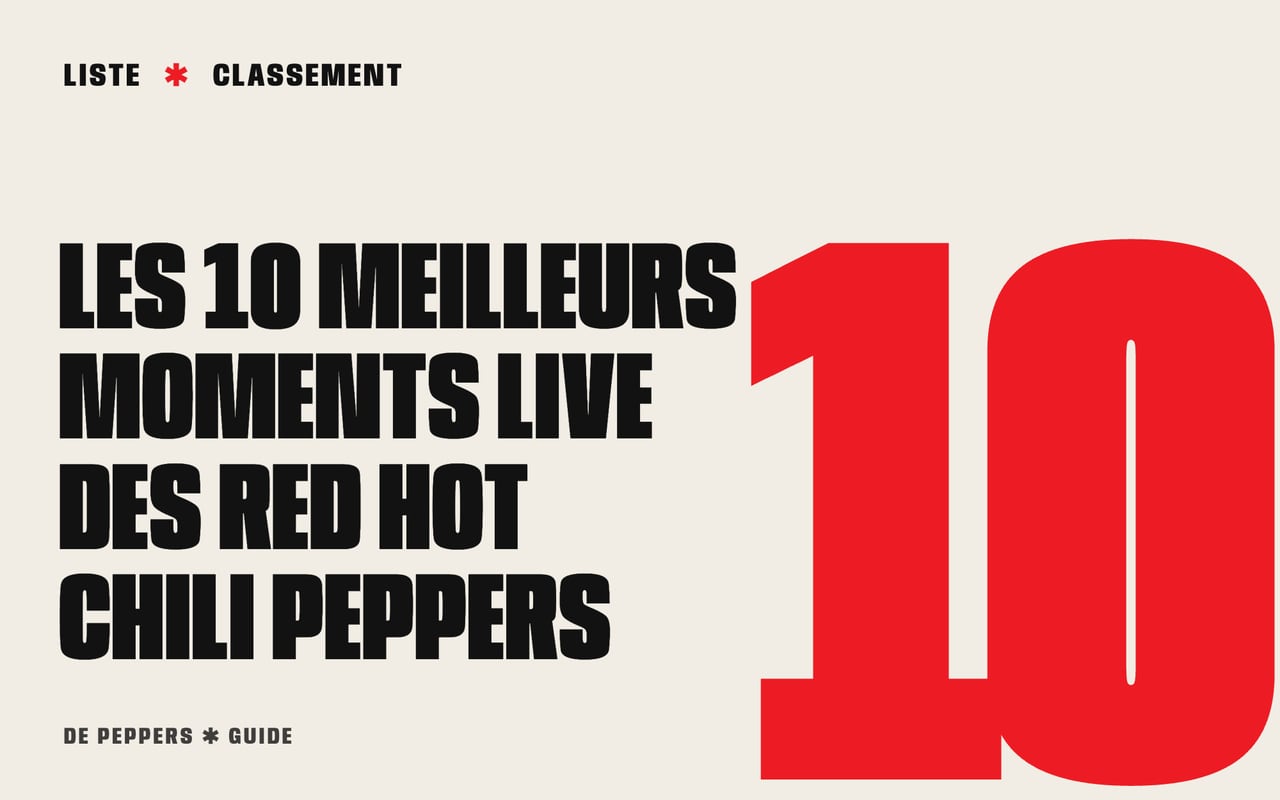 Visuel typographique avec de grands chiffres : les 10 meilleurs moments live des Red Hot Chili Peppers