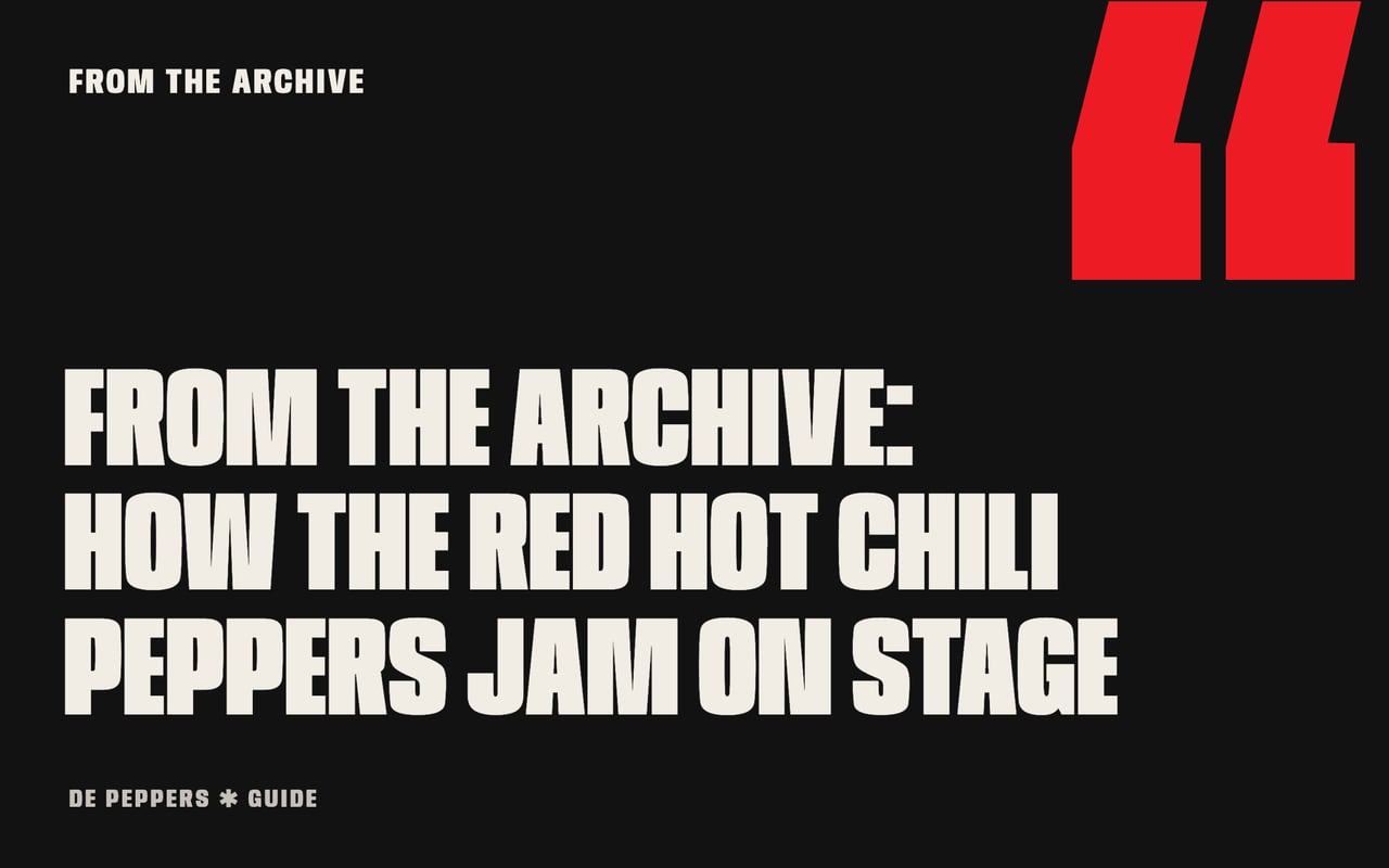 Typographic header with quotation marks: from the archive, how the Chili Peppers jam on stage