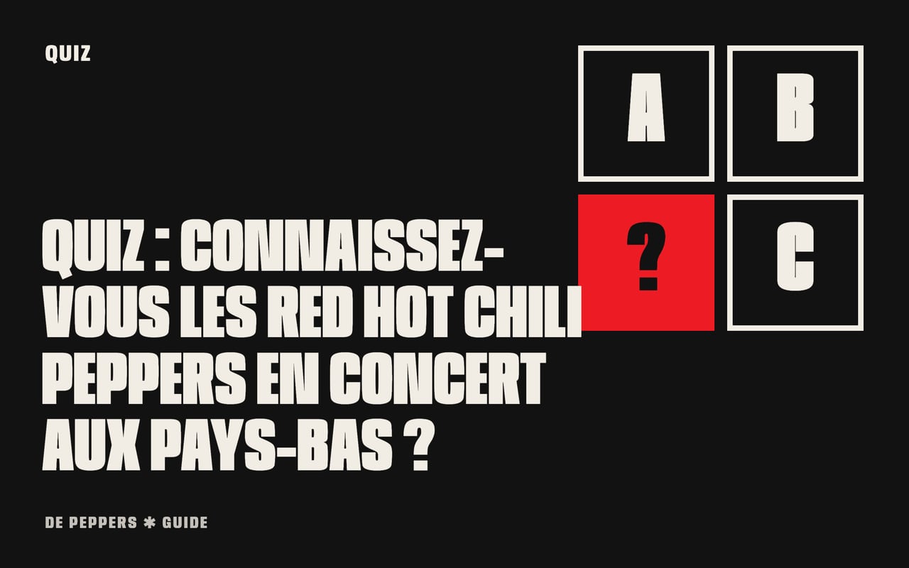 Visuel typographique avec points d’interrogation : quiz sur les Red Hot Chili Peppers en concert aux Pays-Bas