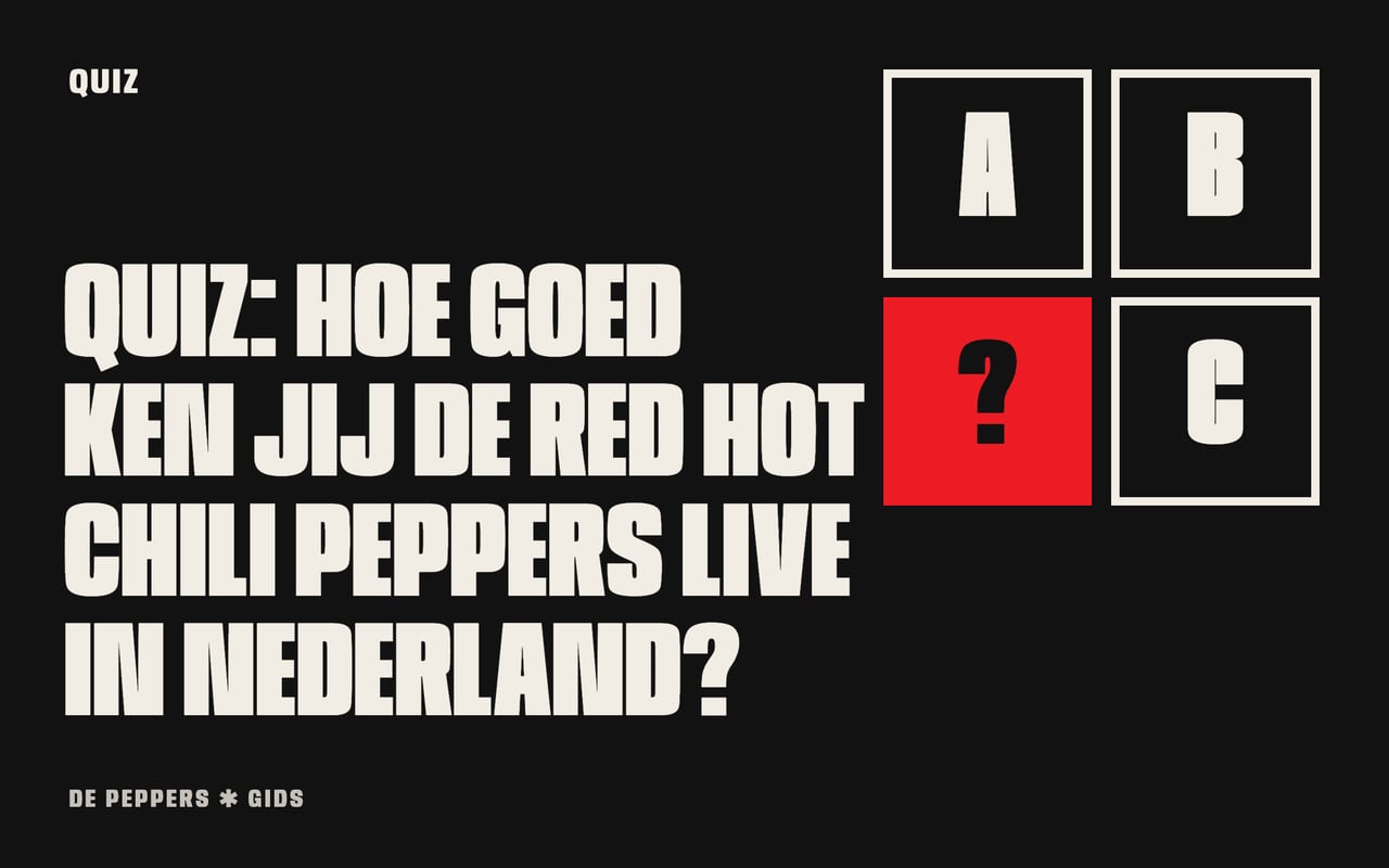 Typografisch kopbeeld met vraagtekens: quiz over de Red Hot Chili Peppers live in Nederland